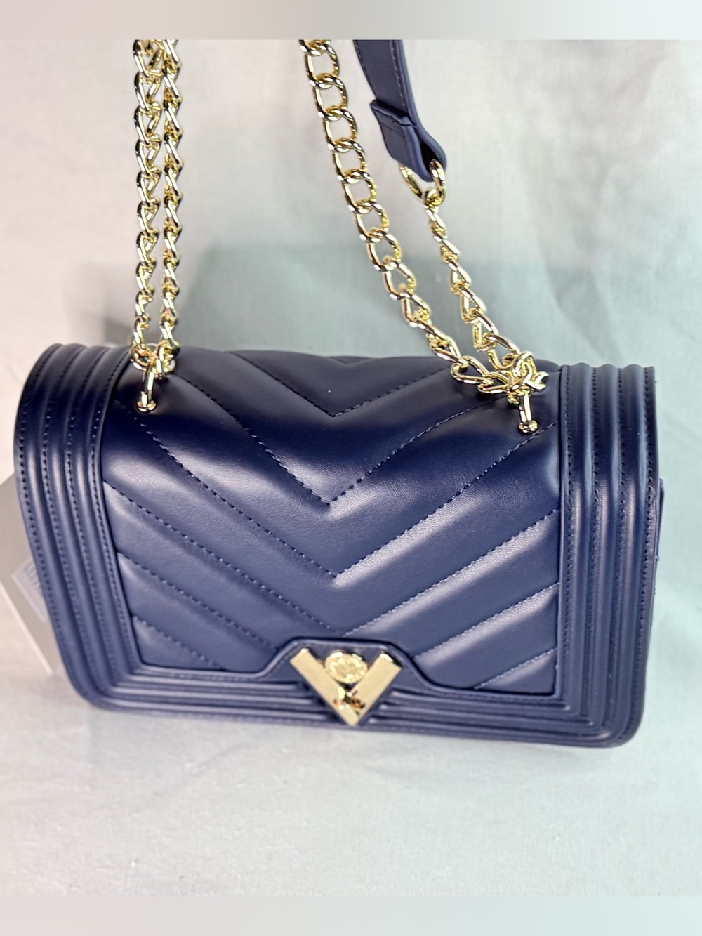 Valentino Orlandi Quilted Navy Crossbody Bag with Gold Chain Strap